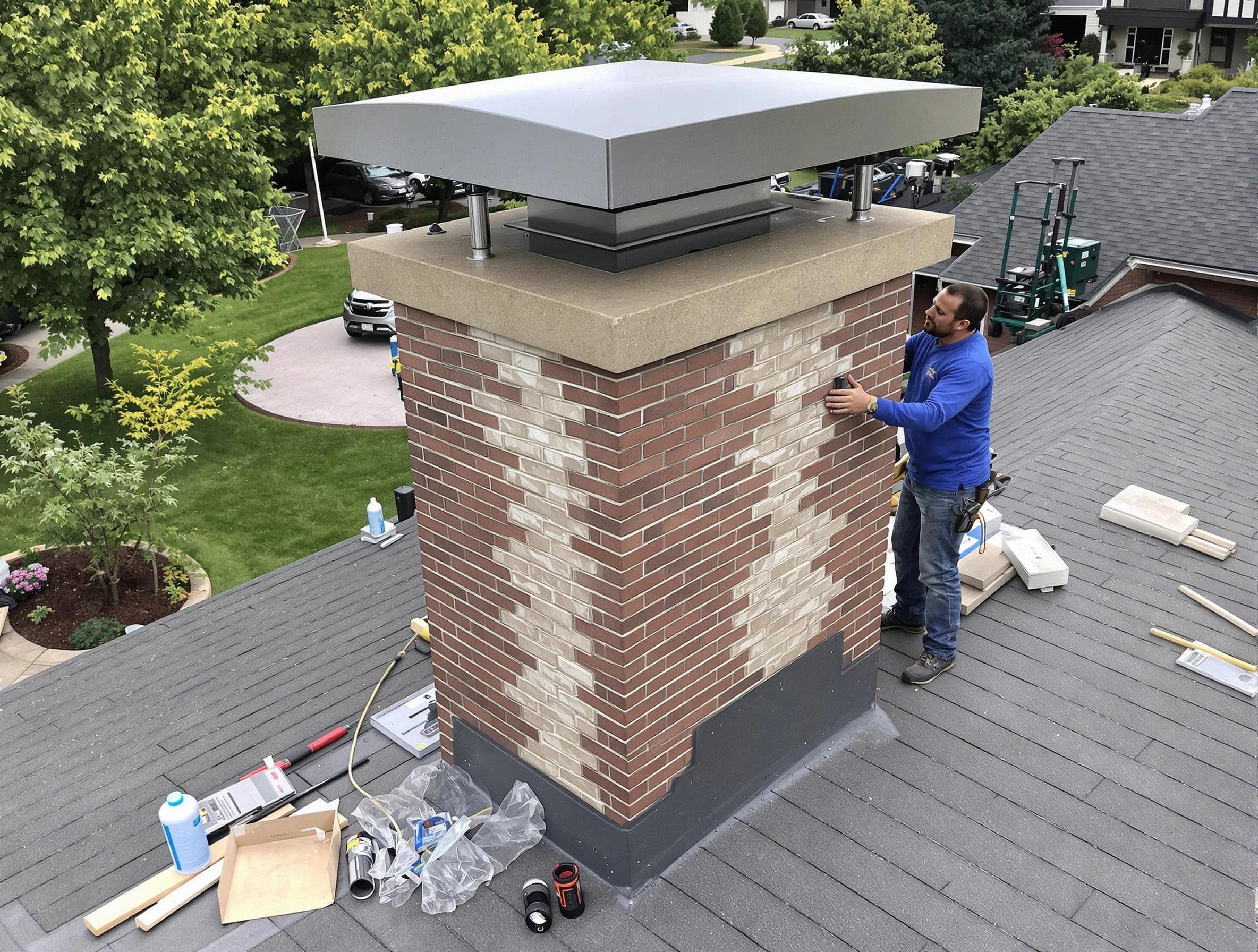 Edmond Chimney Sweep team working on a custom chimney remodel in Edmond, OK