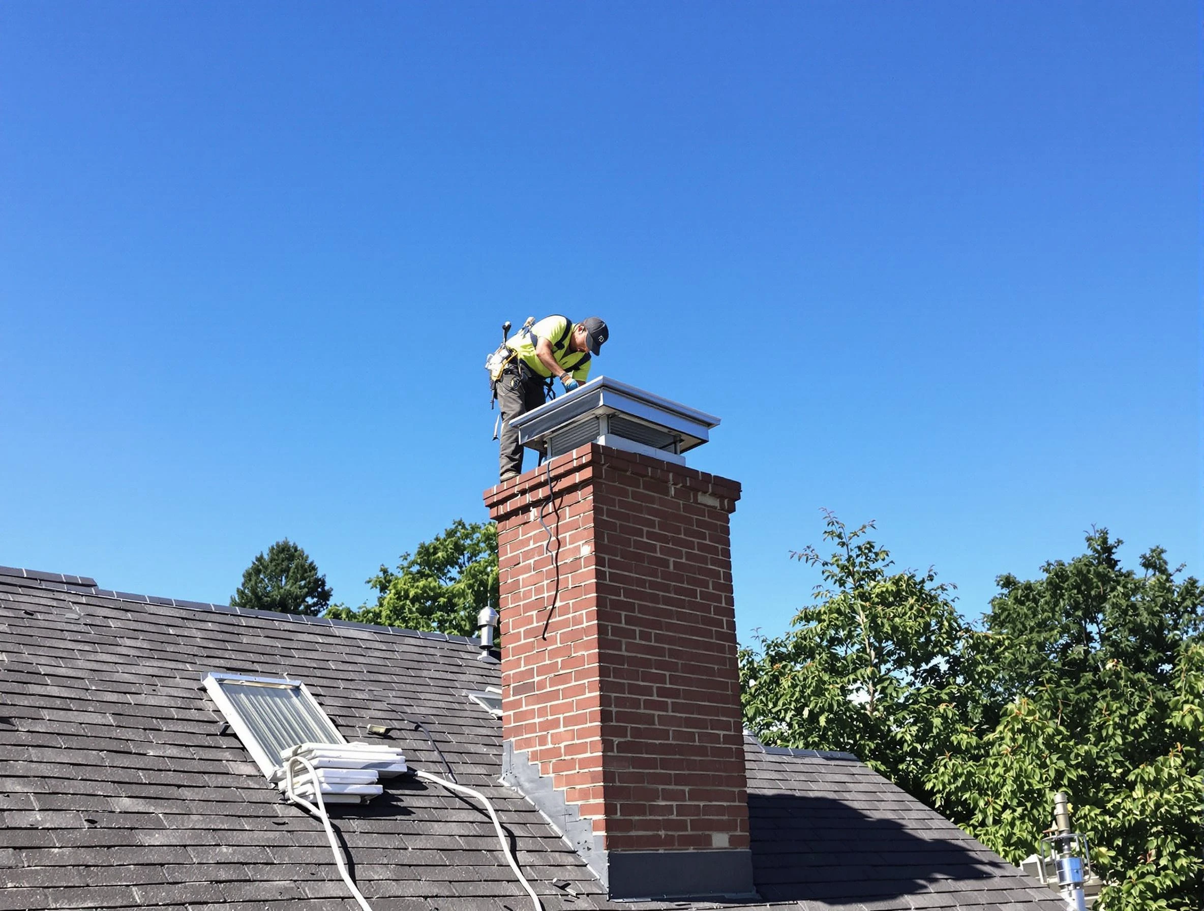Edmond Chimney Sweep technician measuring a chimney cap in Edmond, OK